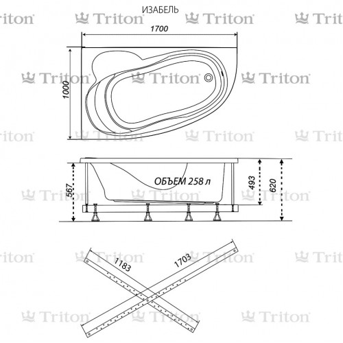 Ванна акриловая Triton Изабель правая 170х100х62