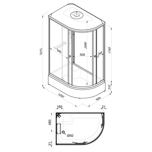 Душевая кабина Тритон "Коралл 120x80 L B" 120х80х232 Средний поддон Полочка Левая (6мест+сифон ф50)