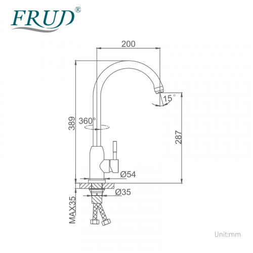 R41052 Смеситель для кухни высокий излив на гайке из нержавеющей стали FRUD 41052