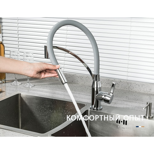 F4552 Смеситель для кухни гибкий гусак картридж Ф35 с гайкой FRAP 4552 Серый