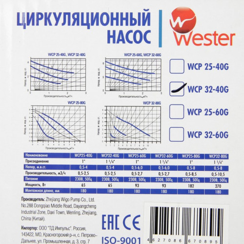 Насос для отопления Wester WCP 25-60 (с гайками)