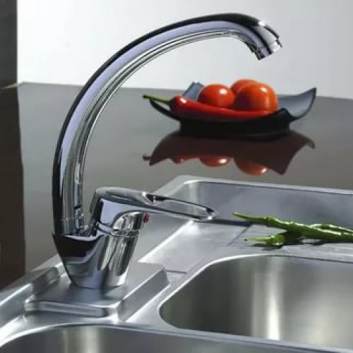 F4128-2 Смеситель для кухни высокий поворотный излив, картридж Ф40 с гайкой 4128-2