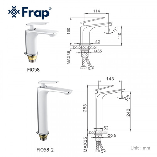 F1058-2 Смеситель высокий для умывальника литой корпус картридж 25мм FRAP 1058-2 Белый/хром