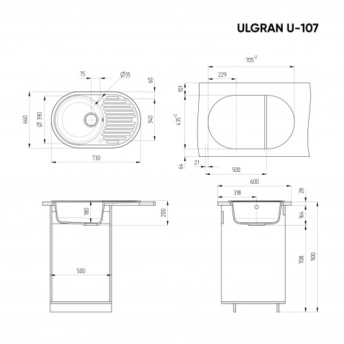 Мойка U-107 72-45 (308 черный) ULGRAN