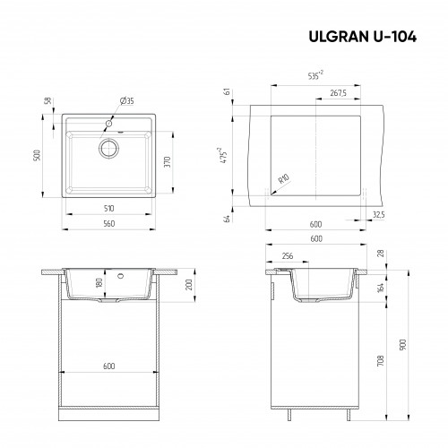 Мойка U-104 56-49.5 (308 черный) ULGRAN