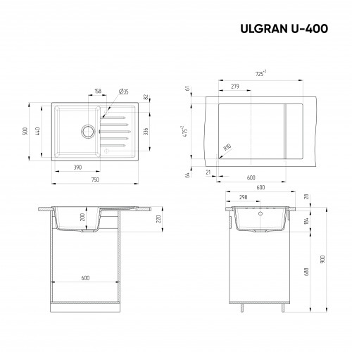 Мойка U-400 75-50 (302 песочный) ULGRAN